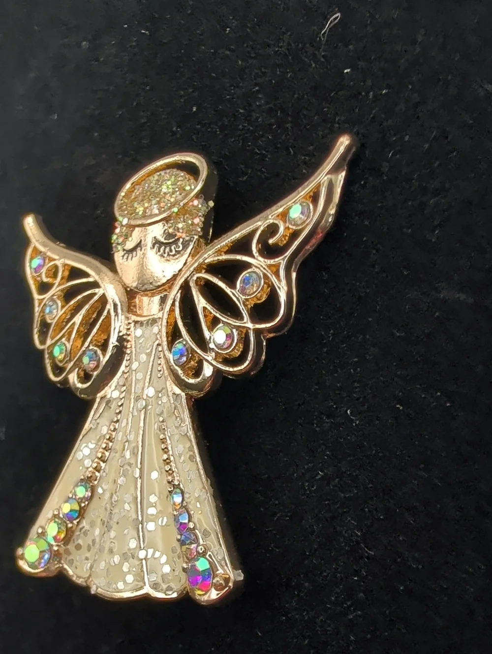 Gold Angel Brooch Pin with Aurora Rhinestones - Women Jewelry, NIB
